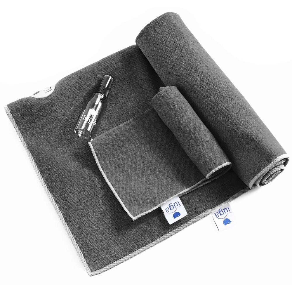IUGA Non Slip Yoga Towel, Extra Thick Hot Yoga Towel + Hand Towel 2in1 Set with Corner Pockets Design, 100% Microfiber - Non Slip, Super Absorbent and Quick Dry