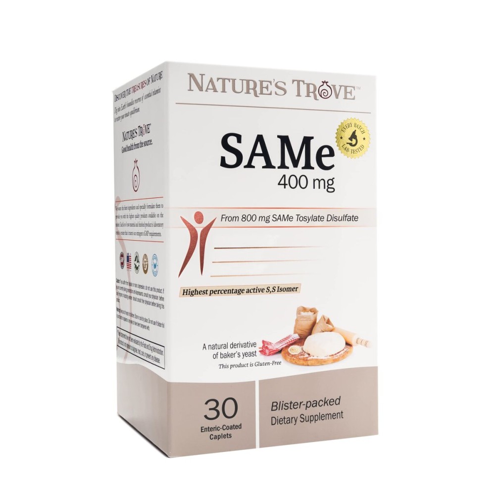 Nature\'s Trove SAM-e 400mg 30 Enteric Coated Caplets. Vegan, Kosher, Non-GMO, Soy Free, Gluten Free - Mood and Joint Support - Cold Form Blister Packed.