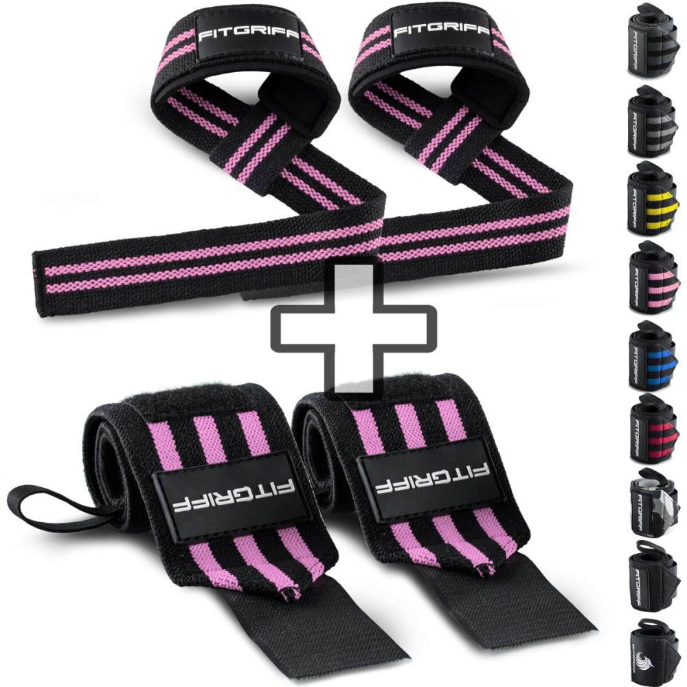 Fitgriff Lifting Straps & Wrist Wraps (Bundle) Superior Support for Weightlifting & Gym Workouts - for Men and Women (Black/Pink)