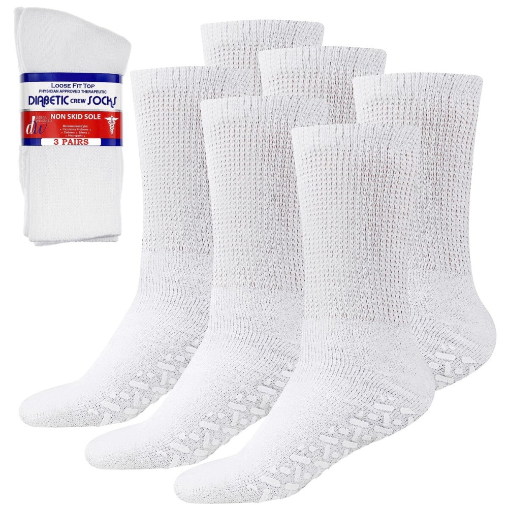 Debra Weitzner Non-Binding Loose Fit Sock - Non-Slip Diabetic Socks for Men and Women - Crew 3Pk White