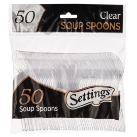 [50 Count] Settings Plastic Clear Soup Spoons, Heavyweight Disposable Cutlery, Great For Home, Office, School, Party, Picnics, Restaurant, Take-out Fast Food, Outdoor Events, Or Every Day Use, 1 Bag