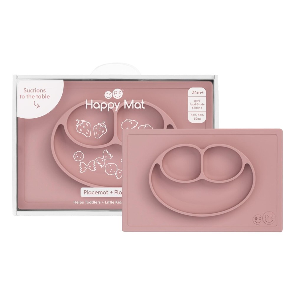 ezpz Happy Mat (Blush) - 24 Months+ - 100% Silicone Suction Placemat + Divided Plate with Three Compartments - Toddler + Preschool Essentials