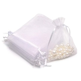 Akstore 100Pcs 2.7x3.5 inch Sheer Drawstring Organza Jewelry Pouches Wedding Party Christmas Favor Gift Bags (White)