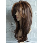 wigbuy Long Layered Shoulder Length Brown with Camel color Highlight wig Synthetic Hair Fiber Highlight Multicolor Wigs for White Women