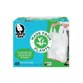 Hippo Sak - Plant Based Tall Kitchen Garbage Bags with Ergonomic Handles - 13 Gallon Trash Bags - Recyclable & Reduced Carbon Footprint - Super Strong and Leak Proof Tall Kitchen Trash Bags (45 Count)