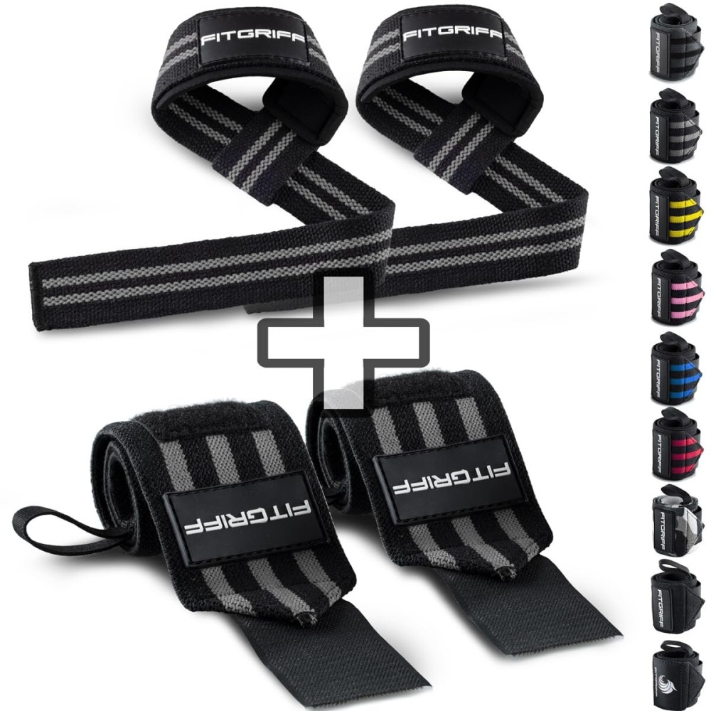 Fitgriff Lifting Straps & Wrist Wraps (Bundle) Superior Support for Weightlifting & Gym Workouts - for Men and Women (Black/Grey)
