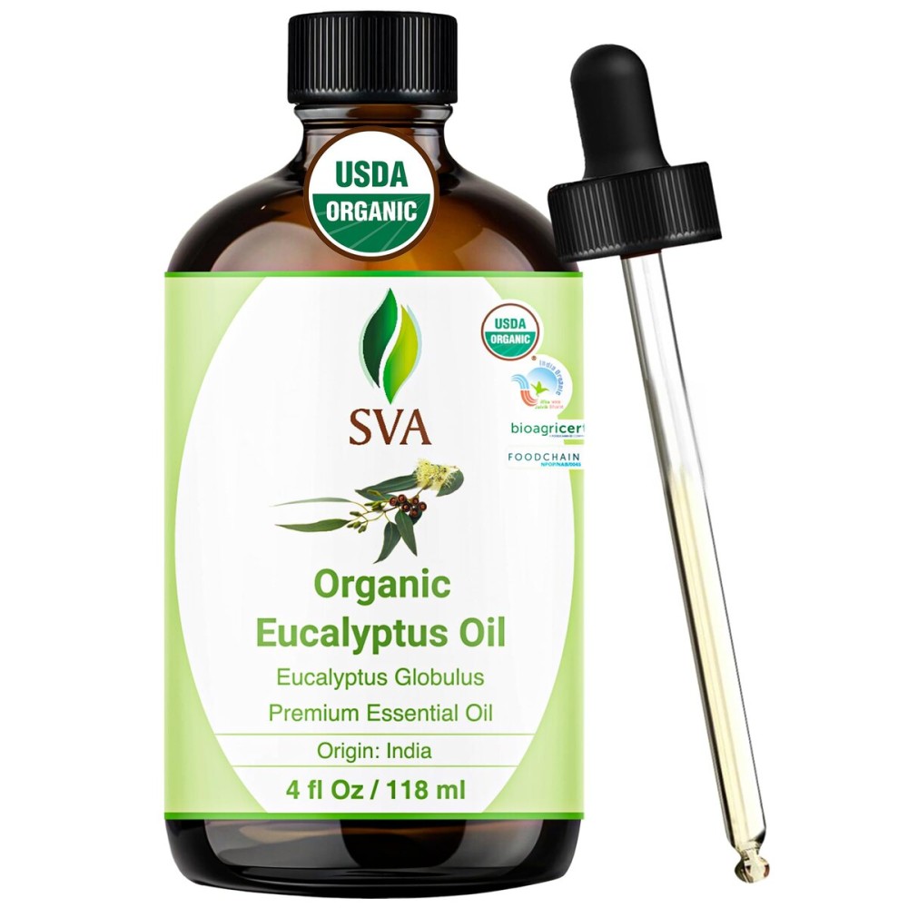 SVA Eucalyptus Essential Oil Organic - 4 Fl Oz - 100% Natural Organic Eucalyptus Oil - for Diffuser, Hair, Face, Skin Care, Aromatherapy, Scalp and Body Massage, Soap and Candle Making - with Dropper