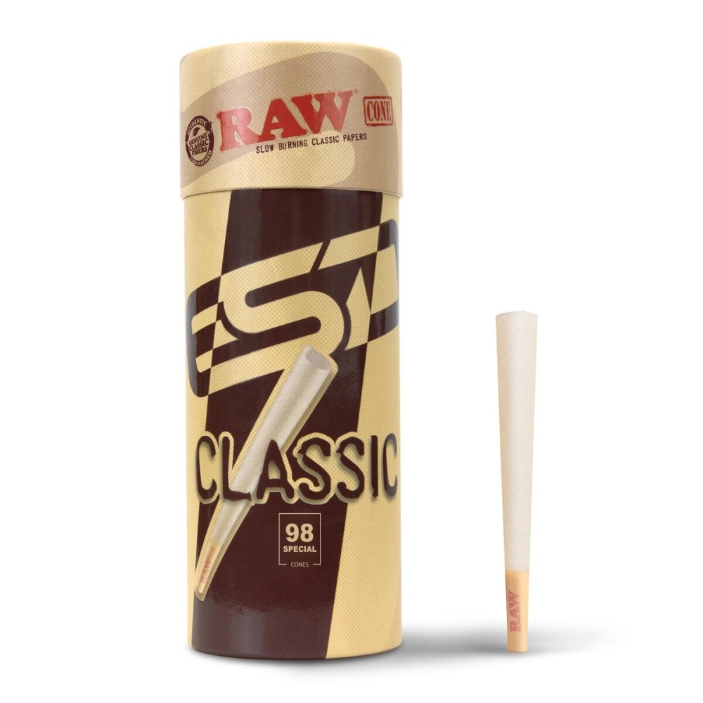 RAW Cones Classic 98 Special - 50 Pack - Slow Burning Pre Rolled Cones with Tips & Packing Tubes Included - Rolling Papers
