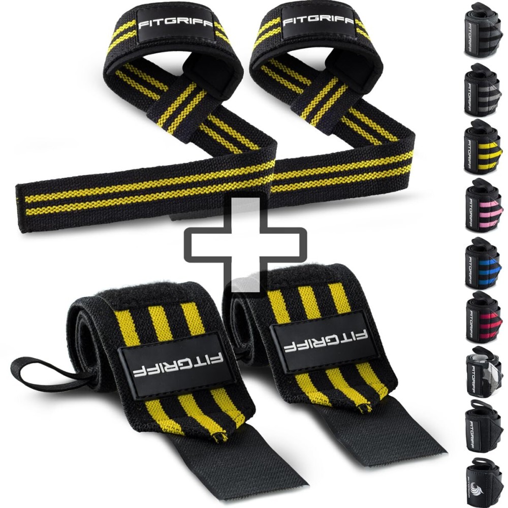 Fitgriff Lifting Straps & Wrist Wraps (Bundle) Superior Support for Weightlifting & Gym Workouts - for Men and Women (Black/Yellow)