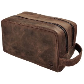RUSTIC TOWN Full Grain Leather Travel Toiletry Bag - Cosmetic Ditty Kit Organizer (Dark Brown)