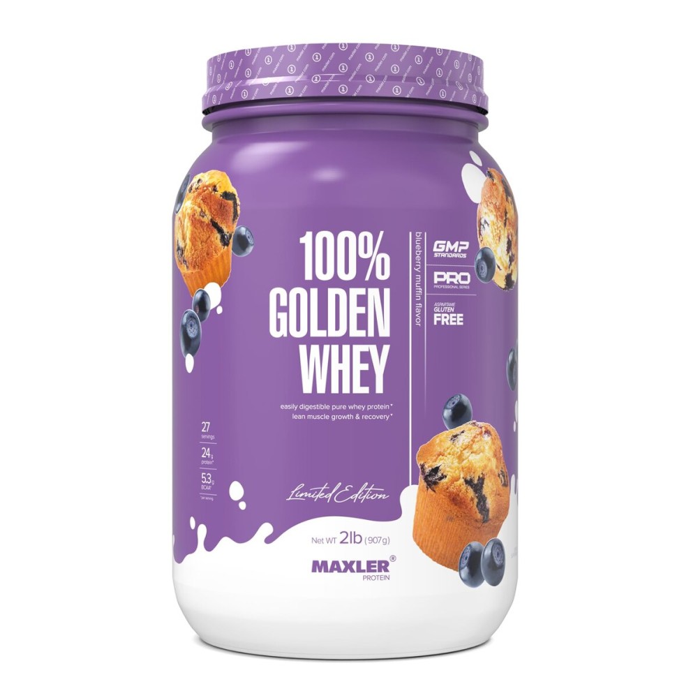 Maxler 100% Golden Whey Protein - 24g of Protein per Serving - Whey Protein Powder for Pre Post Workout - Fast-Absorbing Whey Concentrate, Isolate & Hydrolysate Blend - Blueberry Muffin 2 lb