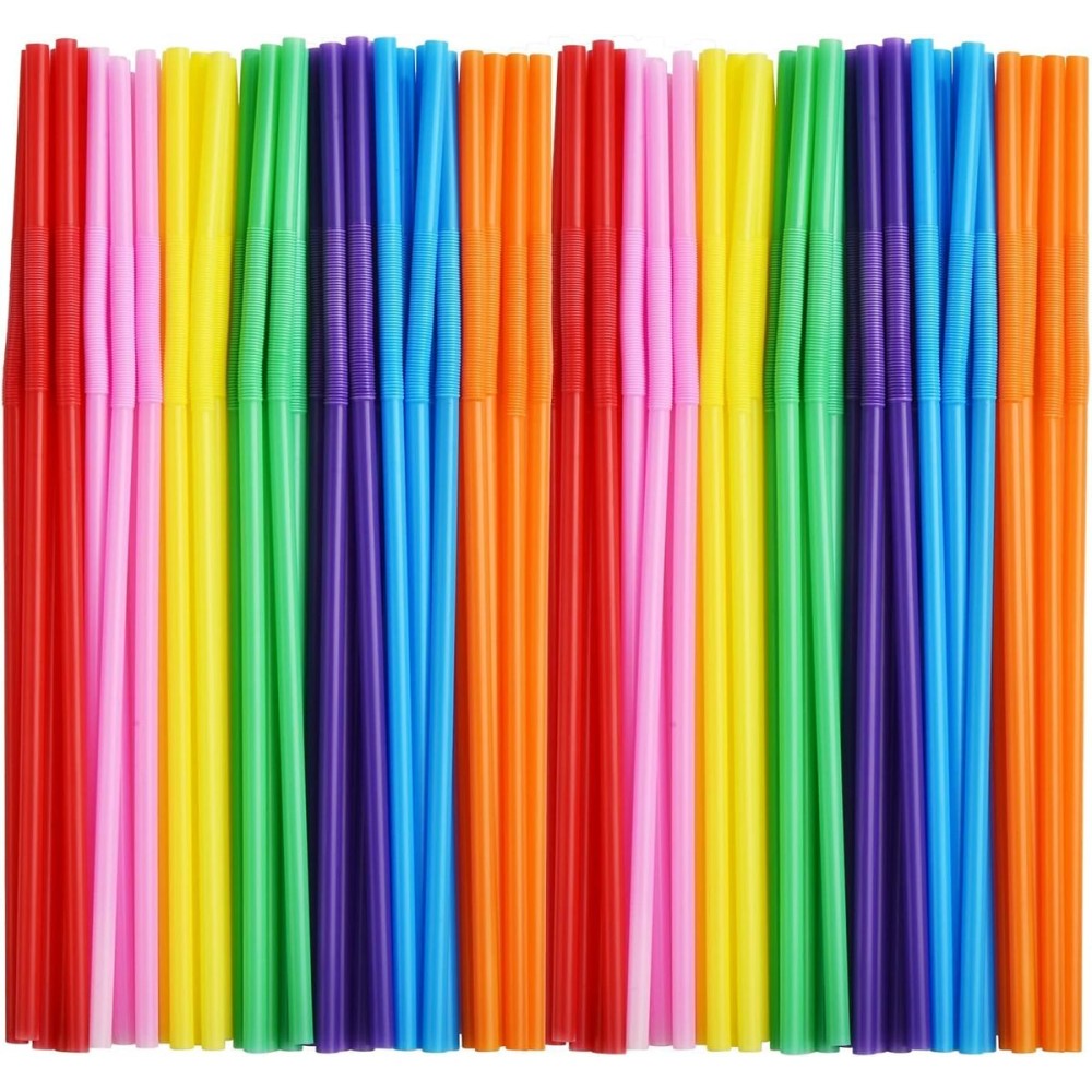 ALINK 200 PCS Flexible Plastic Drinking Straws, 10.2 Inches Extra Long Colorful Disposable Bendy Party Fancy Straws