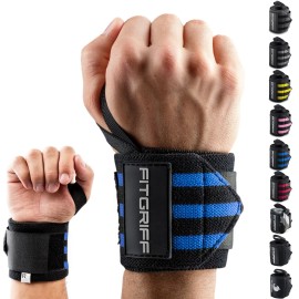 Fitgriff Wrist Wraps for Weightlifting (18) Heavy-Duty Support for Gym, Bench Press, and Pushups (1 Pair) - for Men and Women (Black/Blue)