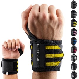 Fitgriff Wrist Wraps for Weightlifting (18) Heavy-Duty Support for Gym, Bench Press, and Pushups (1 Pair) - for Men and Women (Black/Yellow)