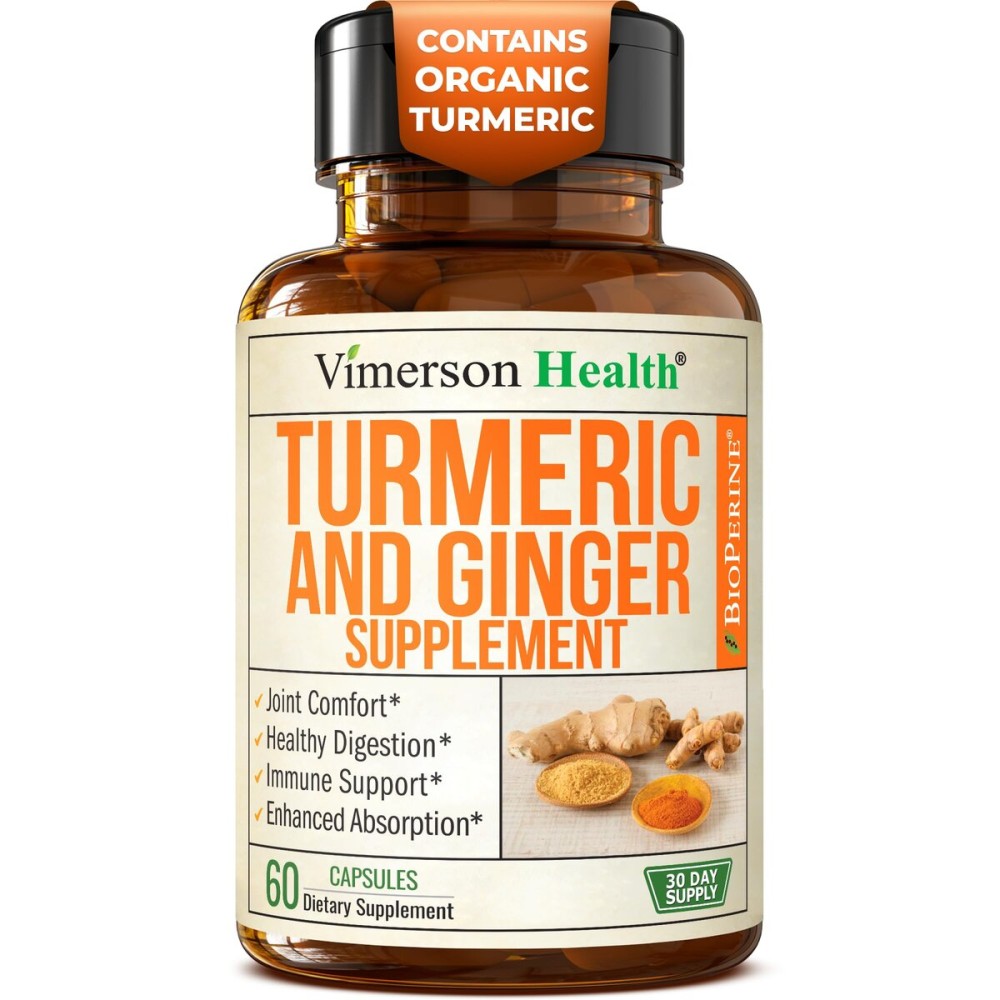 Turmeric Curcumin Supplement with Ginger Root for Joint Support, Digestive & Gut Health - Contains Organic Turmeric Curcumin with Black Pepper (Bioperine) for Enhanced Absorption - 60 Capsules
