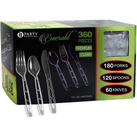 Party Bargains Emerald Clear Plastic Silverware 360 pcs Set: 180 Forks, 120 Spoons, 60 Knives. Heavy Duty Elegant Cutlery Disposable Utensils Combo Pack Fundraising, Catering, Galas, Cocktail Parties