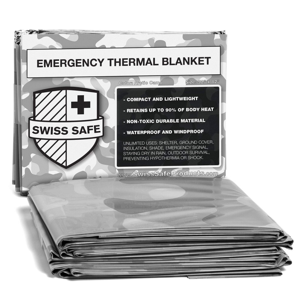 Swiss Safe 4 Pack Mylar Emergency Blankets for Survival - Compact & Insulated for Cold Weather - Designed for NASA, Outdoor, Running, Camping, Survival, First Aid Car Kit - Winter Camo, 4 Pack