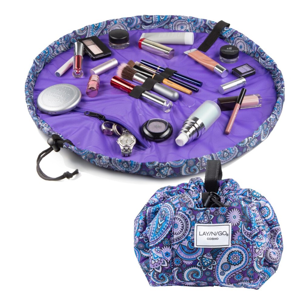 Lay-n-Go Cosmo Drawstring Cosmetic & Makeup Bag Organizer - Portable Drawstring Makeup Bag w/Zipper Pocket, Makeup Loops & More - Durable, Machine Washable Toiletry Bag (20, Purple Paisley)