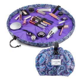 Lay-n-Go Cosmo Drawstring Cosmetic & Makeup Bag Organizer - Portable Drawstring Makeup Bag w/Zipper Pocket, Makeup Loops & More - Durable, Machine Washable Toiletry Bag (20, Purple Paisley)