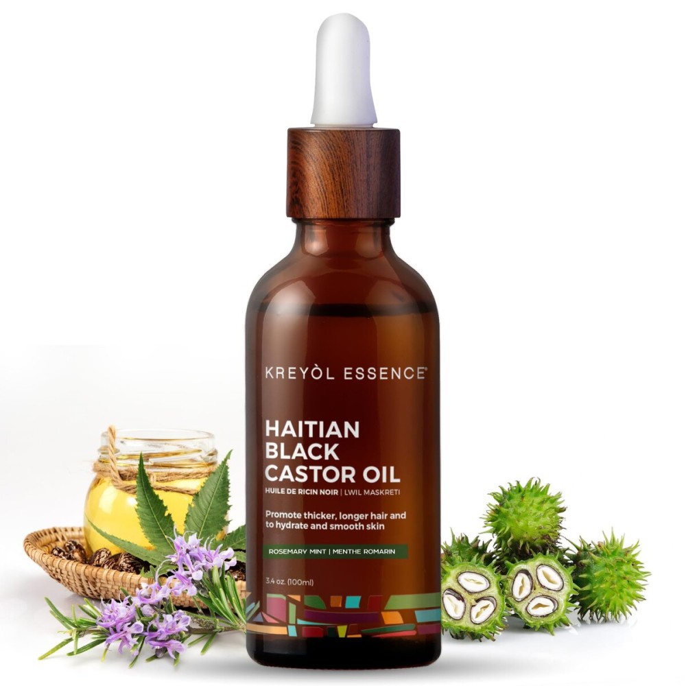 Kreyol Essence - Haitian Black Castor Oil for Skin and Hair, Glass Bottle - Cold Pressed Castor Oil, Fuller-Looking Hair, Hexane Free, Natural Humectant | 3.4 Fl Oz | Rosemary Peppermint