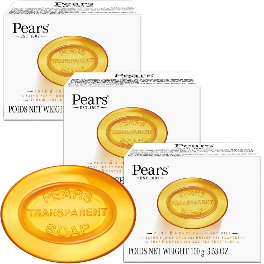 Pears Soap, Pure & Gentle with Natural Oils, 3-Pack - Transparent Amber Glycerin Soap for Pampered, Glowing Skin, 3.53 Oz Ea