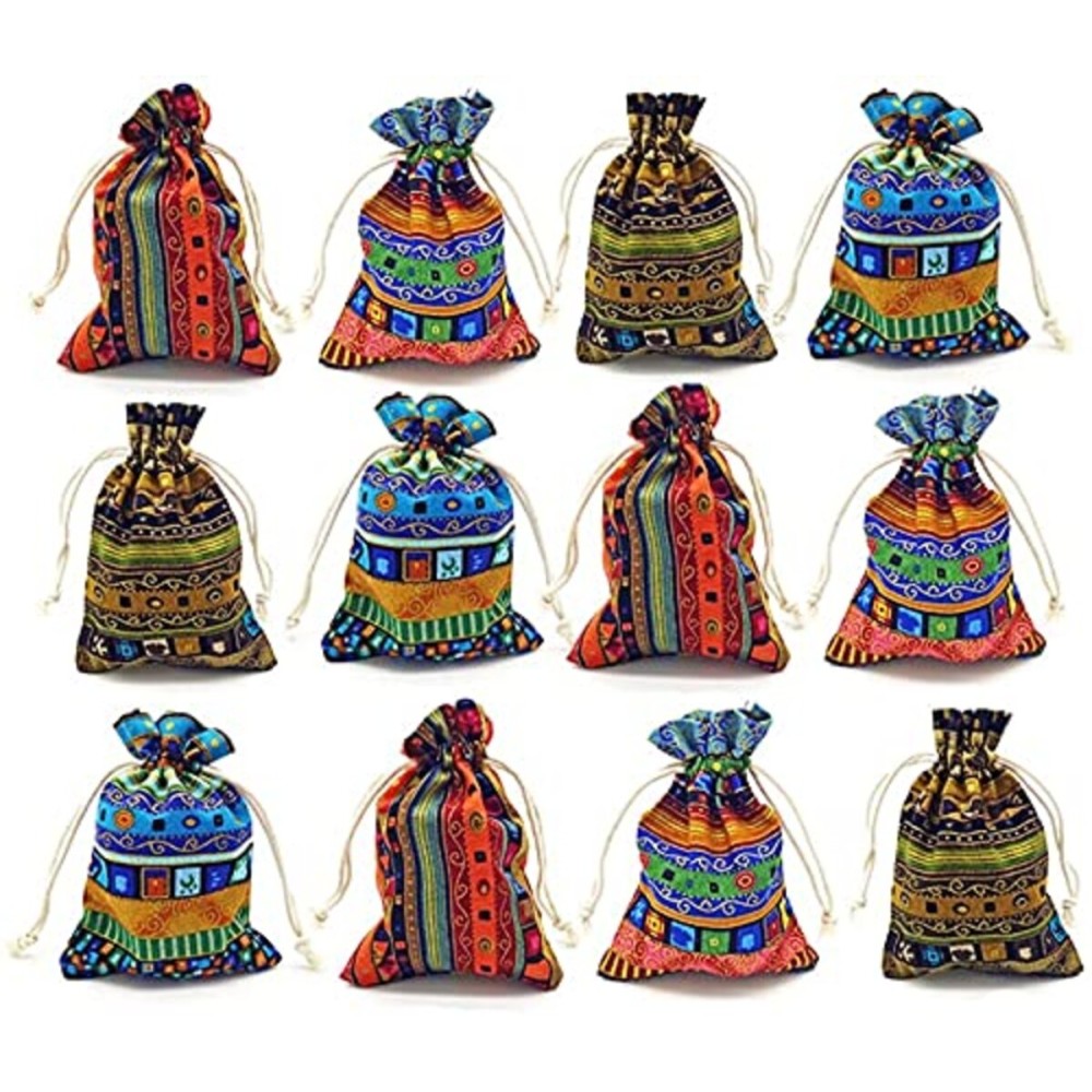 GALAOMA 12pc Egyptian Style Jewelry Coin Pouches Aztec Print Drawstring Gift Bag Party Accessories Brocade Cotton Sachet Candy Present Pouch Travel Purse Ethnic (12)