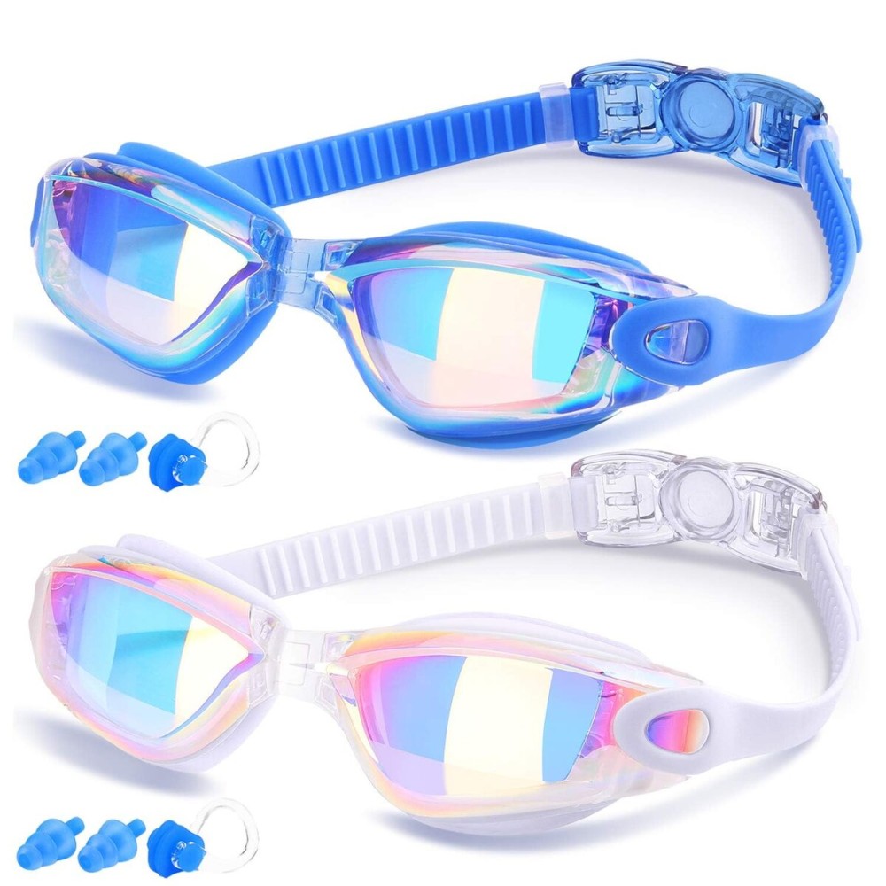 COOLOO Swim Goggles Men, 2 Pack Swimming Goggles for Women Kids Adult Anti-Fog, Blue & White