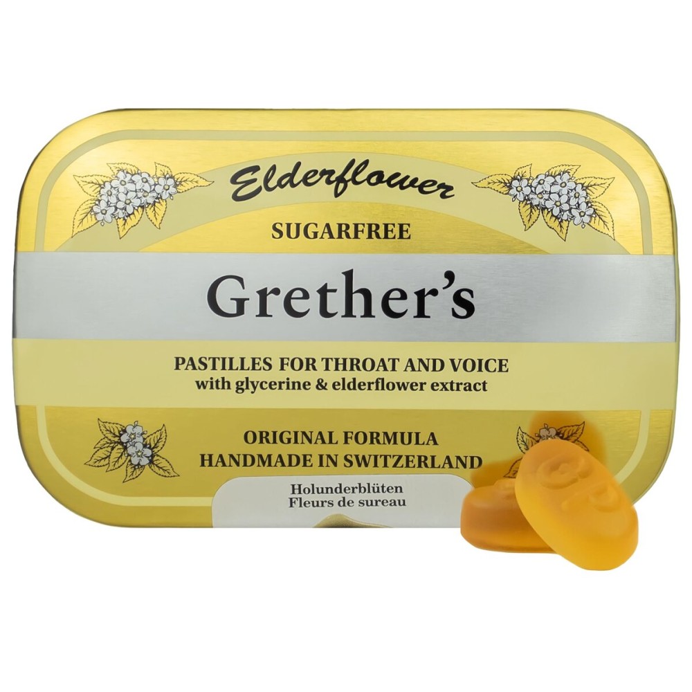 GRETHER\'S Sugarfree Elderflower Pastilles Remedy for Dry Mouth Relief - Soothing Throat & Healthy Voice - Gift for Singers - 1-Pack - 2.1 oz.