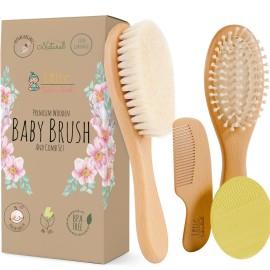 Baby Hair Brush and Comb Set for Newborn Wooden 4 Piece Soft Goat Hair Bristles, and Comb Set for Newborn Girl Boy and Toddler Soft Cradle Cap New Born Infant Hair Brushes Perfect Baby Registry Gift