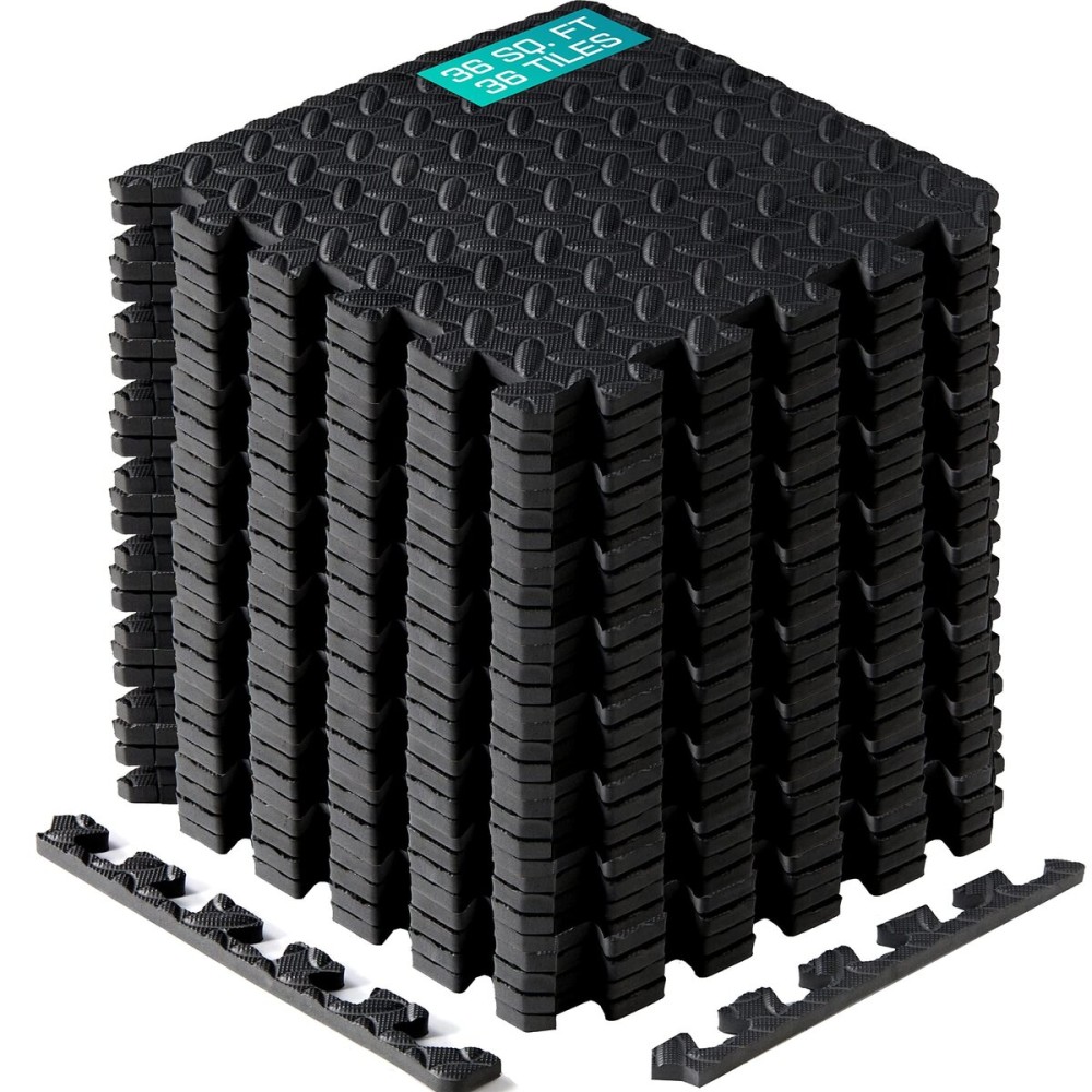Yes4All Interlocking Exercise Foam Mats with Border - Interlocking Floor Mats for Gym Equipment - Eva Interlocking Floor Tiles - 36 Square Feet (36 Tiles) - Black