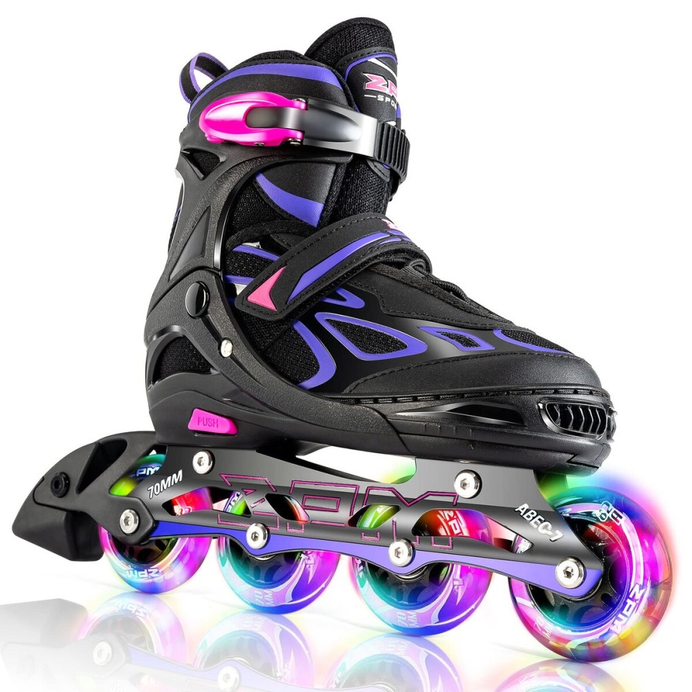 2PM SPORTS Vinal Girls Adjustable Inline Skates with Light up Wheels Beginner Skates Fun Illuminating Roller Skates for Kids Boys and Ladies (Violet & Magenta, Large - Youth (4Y-7Y US))