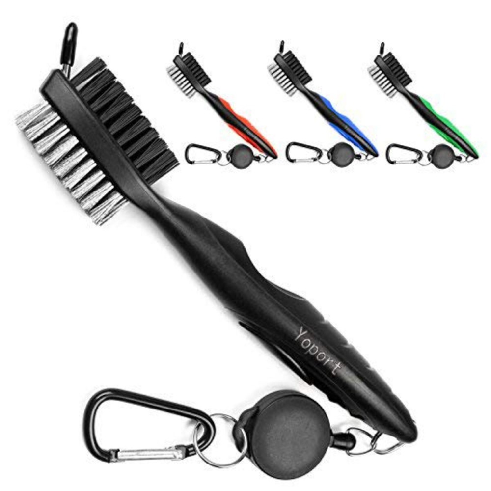 Yoport Golf Club Brush and Club Groove Cleaner 2 Ft Retractable Zip-line Aluminum Carabiner, Lightweight and Stylish, Ergonomic Design, Easily Attaches to Golf Bag (Black+Black)