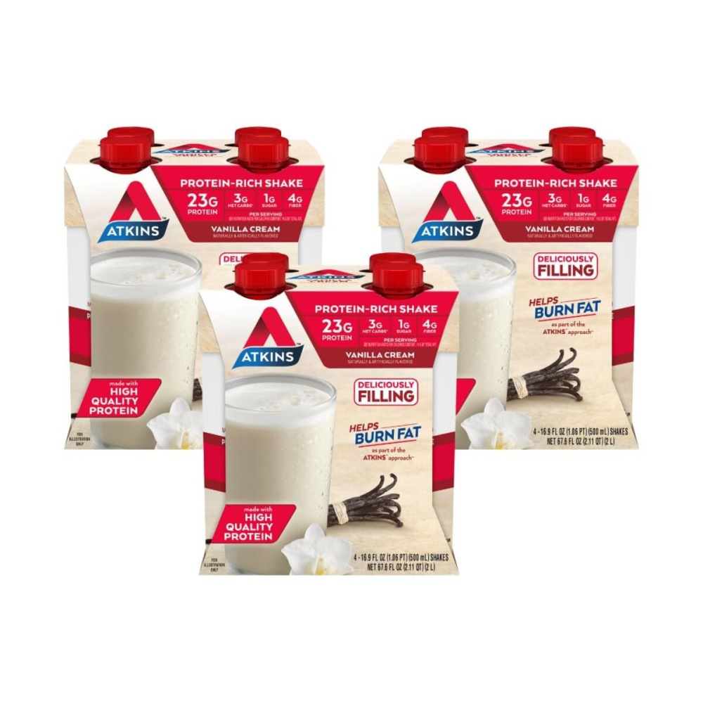 Atkins Vanilla Cream Meal Size Protein Shake, 23g Protein, Low Glycemic, 3g Carb, 1g Sugar, Keto Friendly