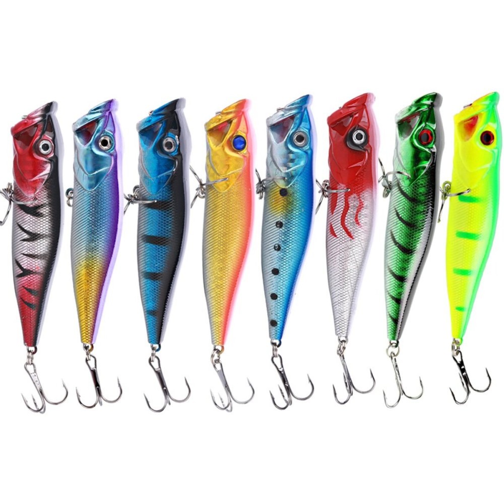 Sougayilang Hard Plastic Popper Topwater Floating Fishing Lures Swimbait Surface Water Bass Bait Hooks for Saltwater Freshwater Fishing Pack of 10PCS