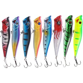 Sougayilang Hard Plastic Popper Topwater Floating Fishing Lures Swimbait Surface Water Bass Bait Hooks for Saltwater Freshwater Fishing Pack of 10PCS
