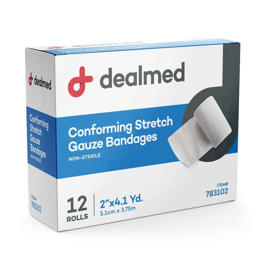 Dealmed 2 Non-Sterile Conforming Stretch Gauze Bandages, 4.1 Yards Latex Free Stretched Dressing Wrap, Medical Non-Adherent Wound Care Mesh Bandages (Box of 12 Rolls)
