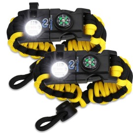 Nexfinity One Survival Paracord Bracelet - Tactical Emergency Gear Kit with SOS LED Light, 550 Grade, Adjustable, Multitools, Fire Starter, Compass, and Whistle - Set of 2 (Yellow)