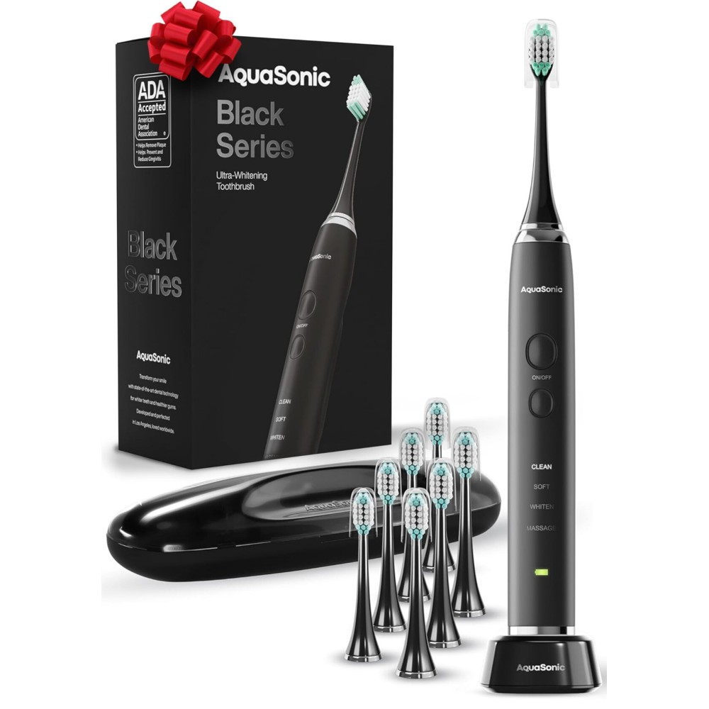 Aquasonic Black Series Ultra Whitening Toothbrush - ADA Accepted Electric Toothbrush- 8 Brush Heads & Travel Case - 40,000 VPM Electric Motor & Wireless Charging - 4 Modes w Smart Timer