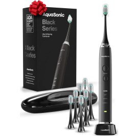 Aquasonic Black Series Ultra Whitening Toothbrush - ADA Accepted Electric Toothbrush- 8 Brush Heads & Travel Case - 40,000 VPM Electric Motor & Wireless Charging - 4 Modes w Smart Timer