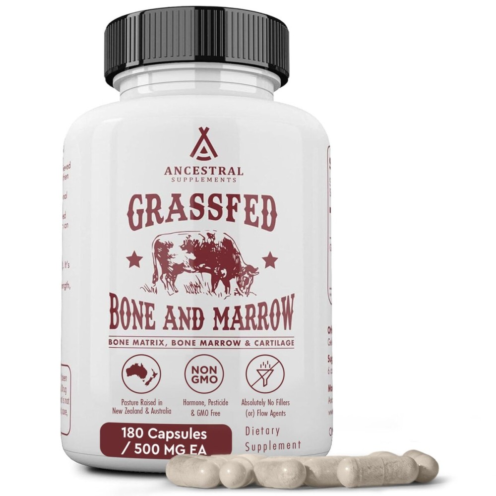 Ancestral Supplements Grass Fed Beef Bone and Marrow Supplement, 3000mg, Skin, Oral Health, and Joint Support Supplement, Promotes Whole-Body Wellness, Non GMO Whole Bone Extract, 180 Capsules