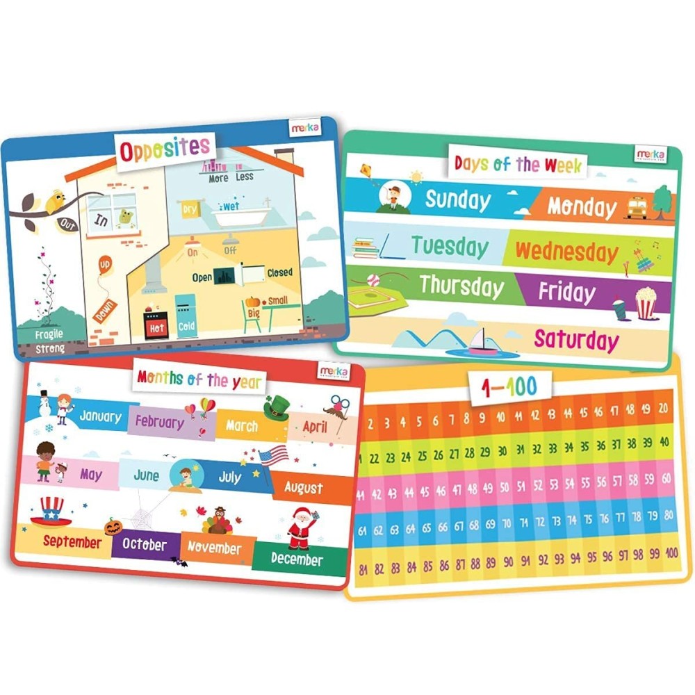 merka Kids Placemats Set - 4-Pack, 17 x 11 in, Multicolor - Interactive Preschool Learning Placemats for Ages 2 & Up with Counting & Days of The Week - Wipeable & Reusable with Slip-Resistant Backing