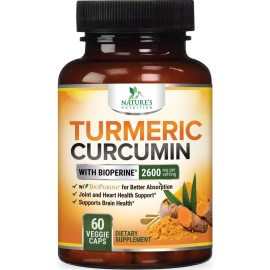 Turmeric Curcumin Supplement 2600mg - 95% Curcuminoids with Organic Turmeric & BioPerine Black Pepper Extract for Best Absorption, Natural Vegan Joint Support, Non-GMO, Bottled in USA - 60 Capsules