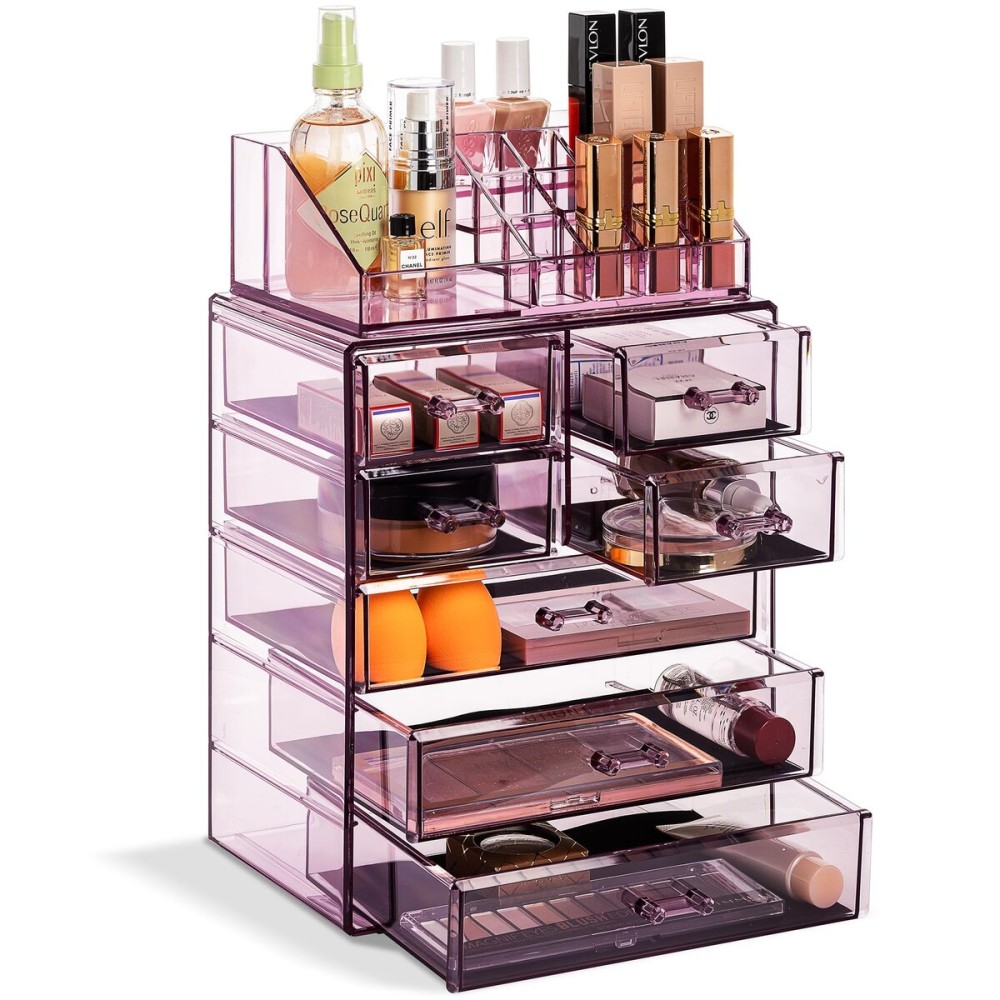 Sorbus Acrylic Makeup Organizer Set, 7-Drawer Vanity & Countertop Cosmetic Storage with Small & Wide Compartments, Purple Makeup Storage for Brushes, Jewelry - Holiday Gift for Women & Teens