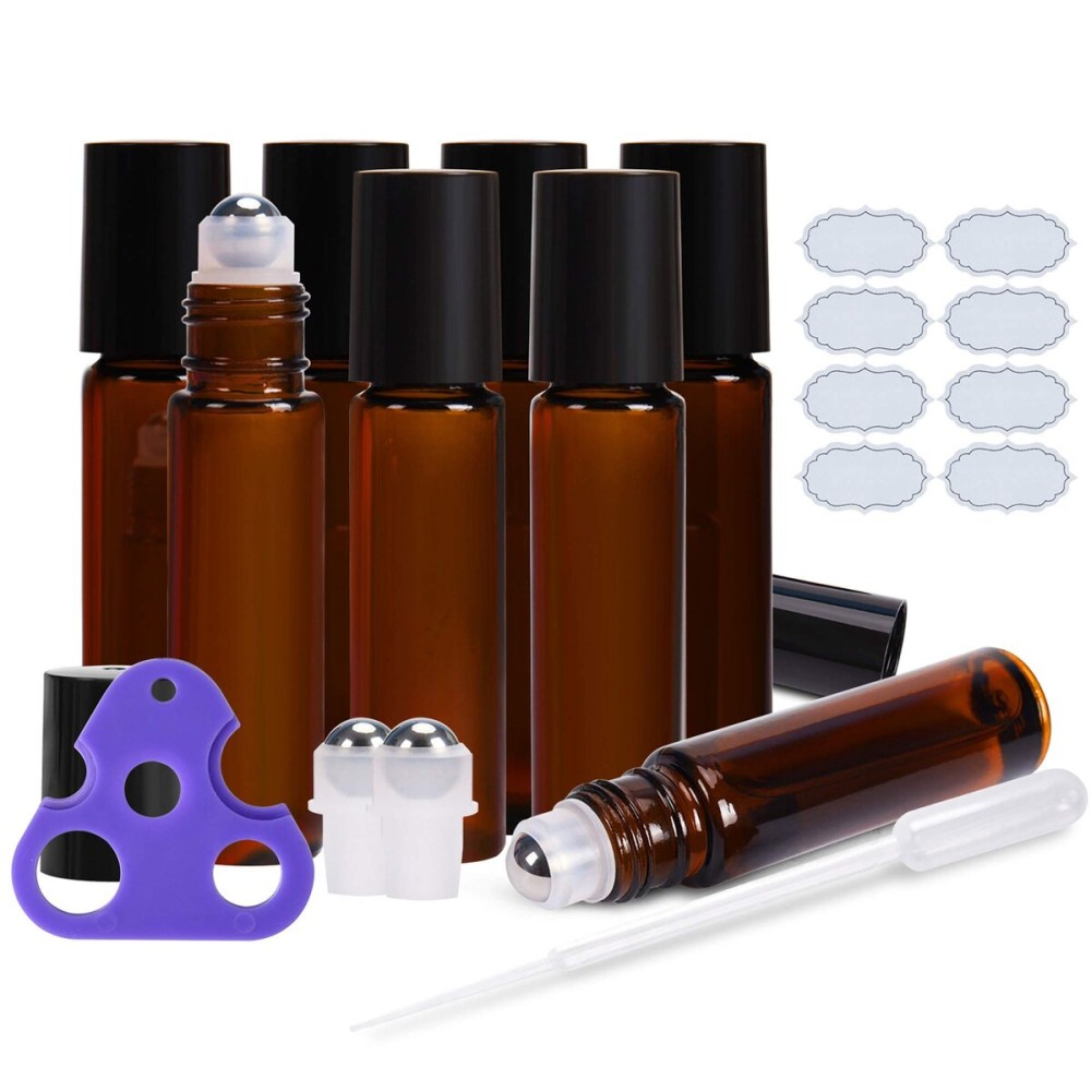 ULG Roll on Bottles 10ml Amber Glass Empty Bottles 8 Piece with Stainless Steel Roller Ball 2 Extra Balls 8 Piece Waterproof Labels 1 Opener and 3ml Dropper for Essential Oils