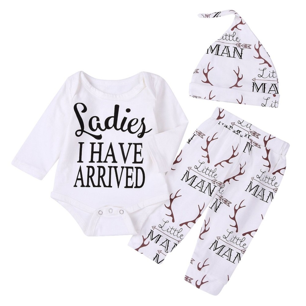 Newborn Suit For Baby Shower Deer Print Long Sleeve Romper+Long Pants+Hat (0-3months, Man),3M