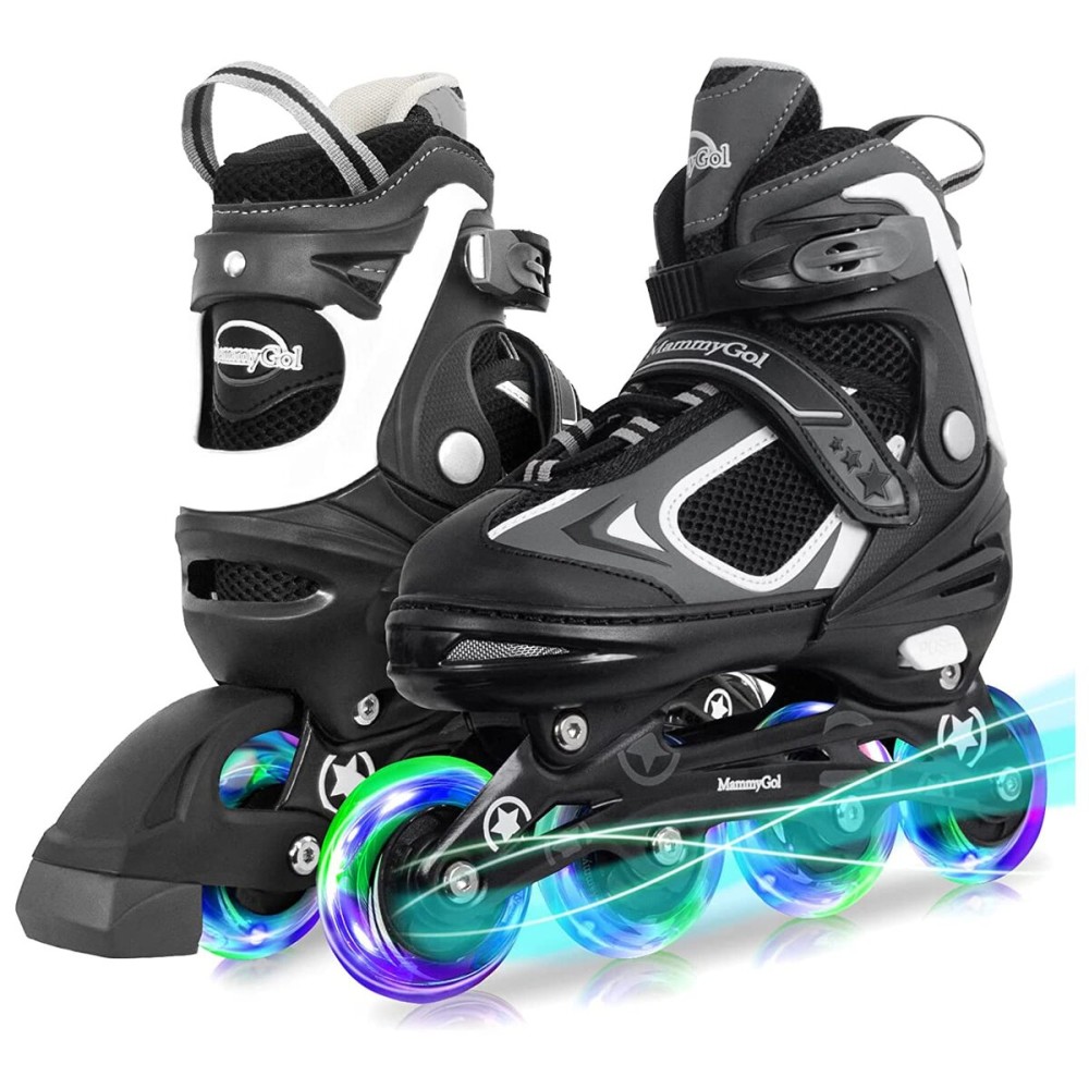 MammyGol Adjustable Inline Skates for Boys Girls Kids Youth with Light up Wheels,Illuminating Beginner Black Blades Roller Skates for Boys Size 1 2 3 4 Ages 6-8 8-10
