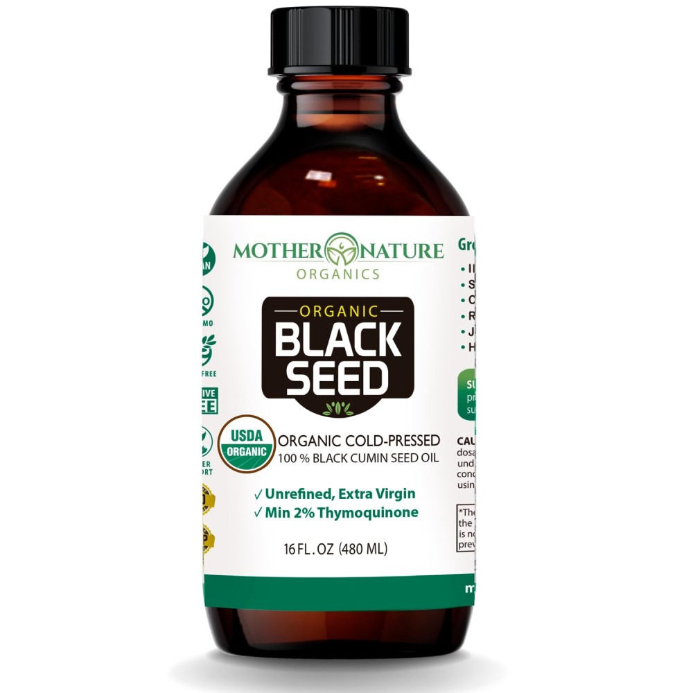 Mother Nature USDA Organic Black Seed Oil - Cold Pressed, Unrefined & Vegan Nigella Sativa, High Thymoquinone (2%+), Omega 3 6 9 for Immune, Joint & Heart Support, Hair & Skin, Non-GMO, 16oz