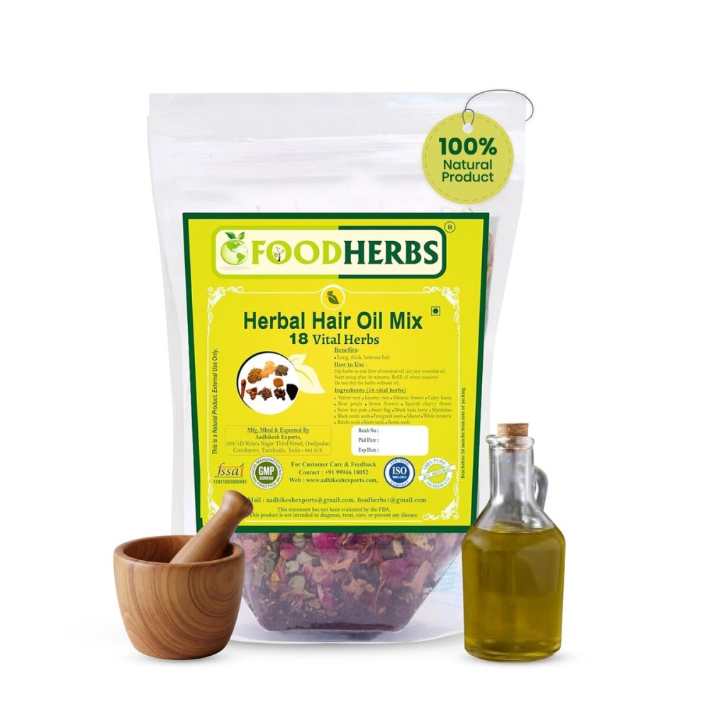 Foodherbs Premium Herbal Hair Oil Mix with 18 Ayurvedic Herbs for Natural Growth | 2x Long Hair | Strong Roots | Fuller Volume | Shiny Healthy Strands | DIY Oil Infusion | Hair Care | Thanks Giving