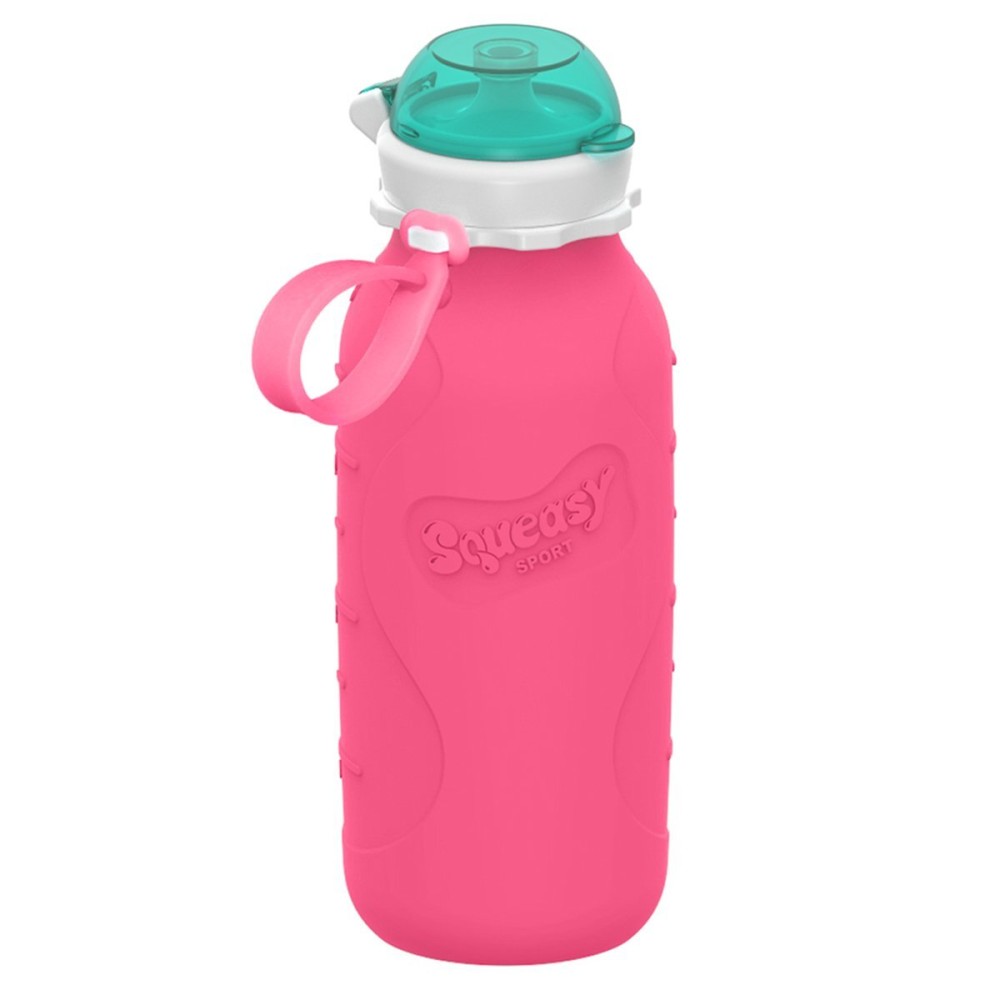 Pink 16 oz Squeasy Snacker Spill Proof Silicone Reusable Food Pouch - for Both Soft Foods and Liquids - Water, Apple Sauce, Yogurt, Smoothies, Baby Food - Dishwasher Safe