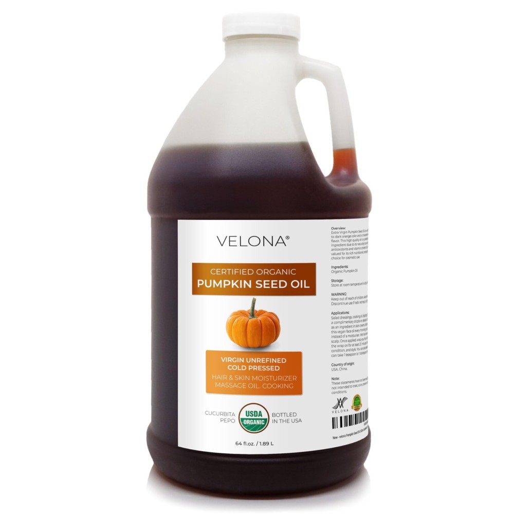 velona Pumpkin Seed Oil USDA Certified Organic - 64 Fl Oz | 100% Pure and Natural Carrier Oil | Unrefined, Cold Pressed | Cooking, Face, Hair, Body & Skin Care | Use Today - Enjoy Result